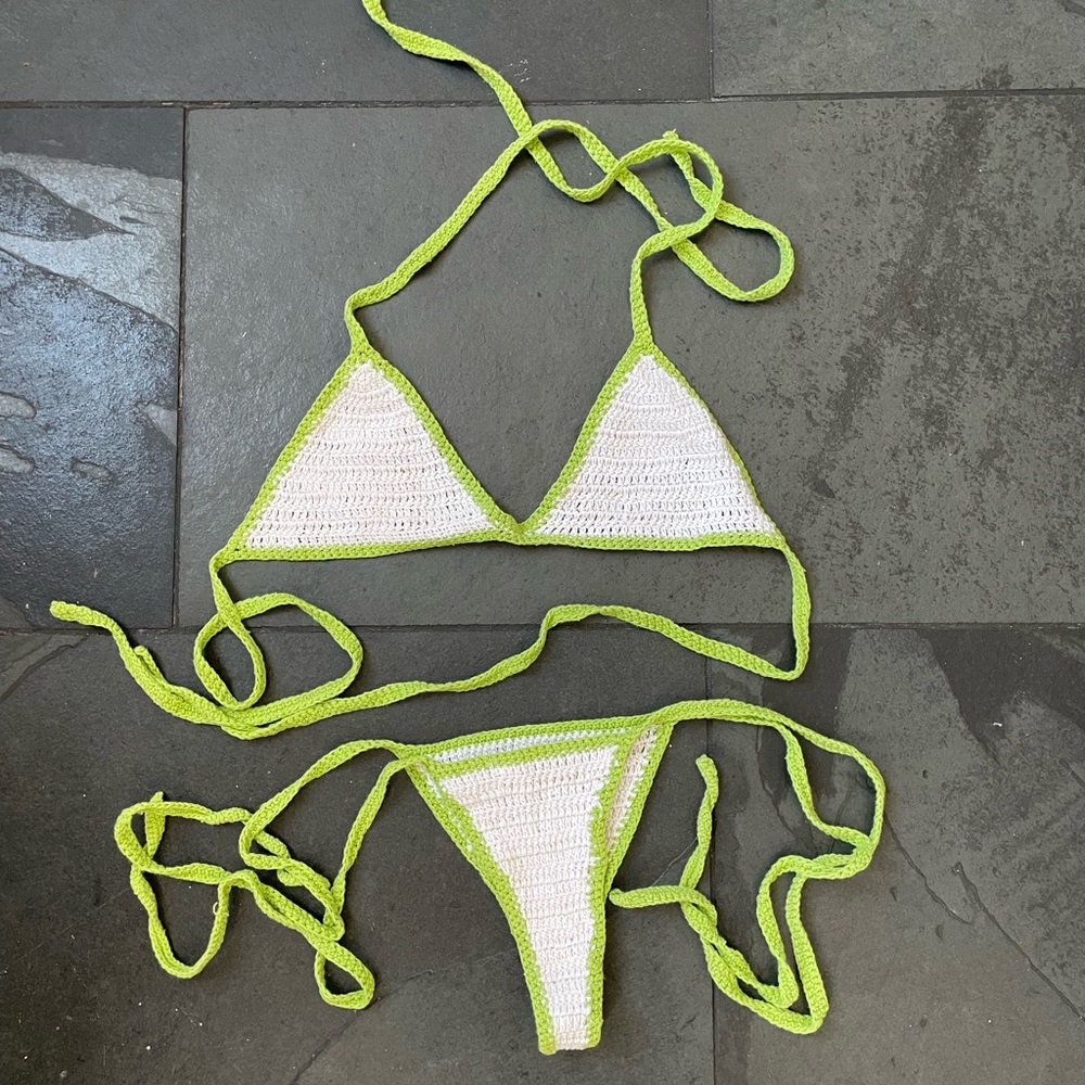 AKOIA white & green cream crochet knit bikini (S)